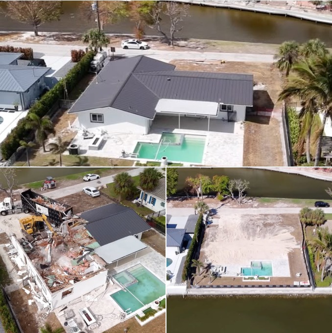 Before, during, and after building demolition of a canal-front home - Remove It Pros